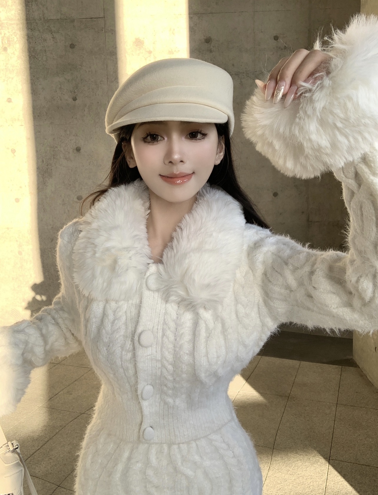 實拍白色針織套裝女冬季短款長袖毛領毛衣套裝裙兩件套