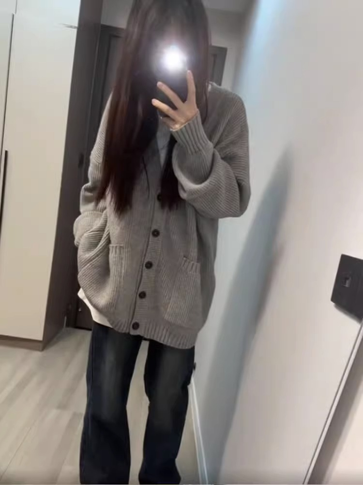 開衫針織灰色毛衣外套寬鬆早秋2023新款女裝春秋季穿搭休閒慵懶風