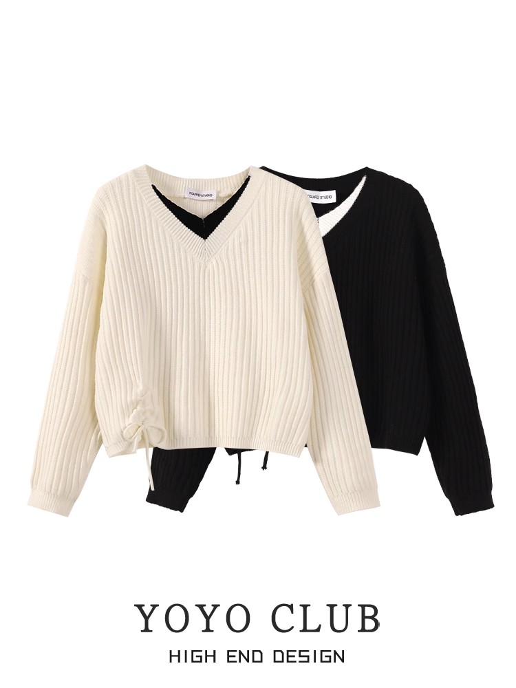 Large size sweater for women 2023 new autumn fashion versatile slim V-neck long-sleeved fake two-piece drawstring sweater trendy