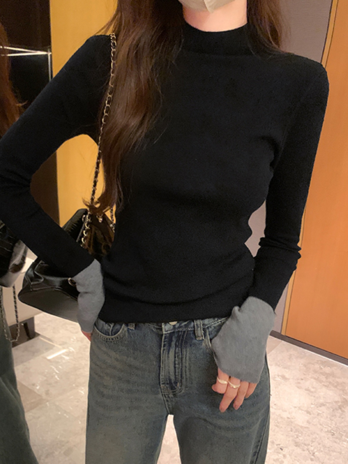 半高領打底衫女2023秋冬新款針織衫黑色內搭洋氣百搭t恤長袖上衣