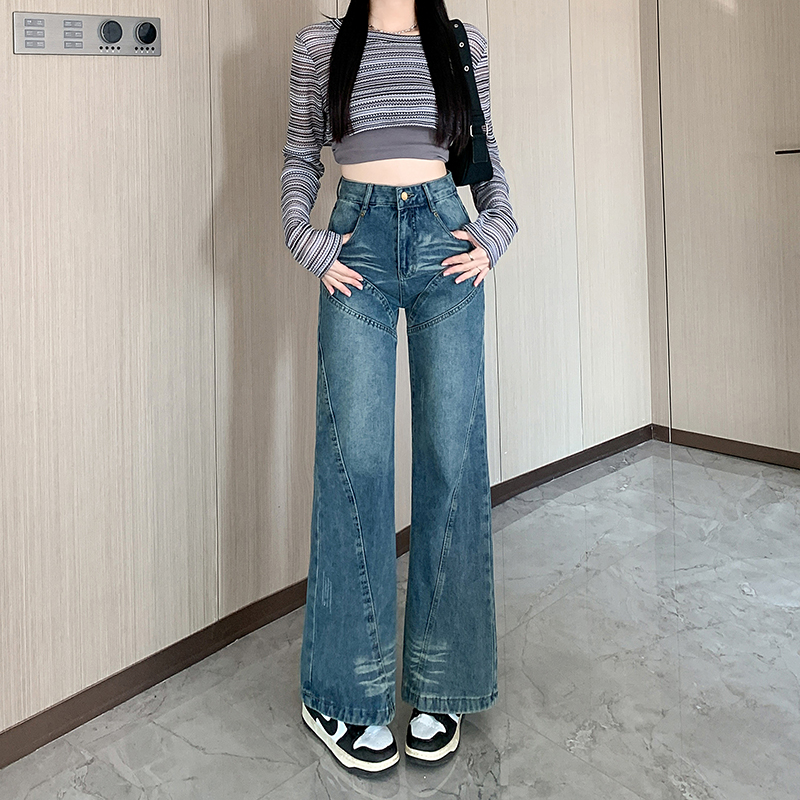 實拍~復古水洗牛仔褲女秋季美式辣妹顯瘦闊腿褲設計感長褲子