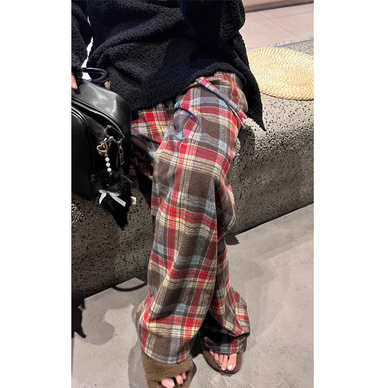 毛呢復古格子褲女秋冬季2023新款高腰顯瘦垂感闊腿褲寬鬆直筒拖地