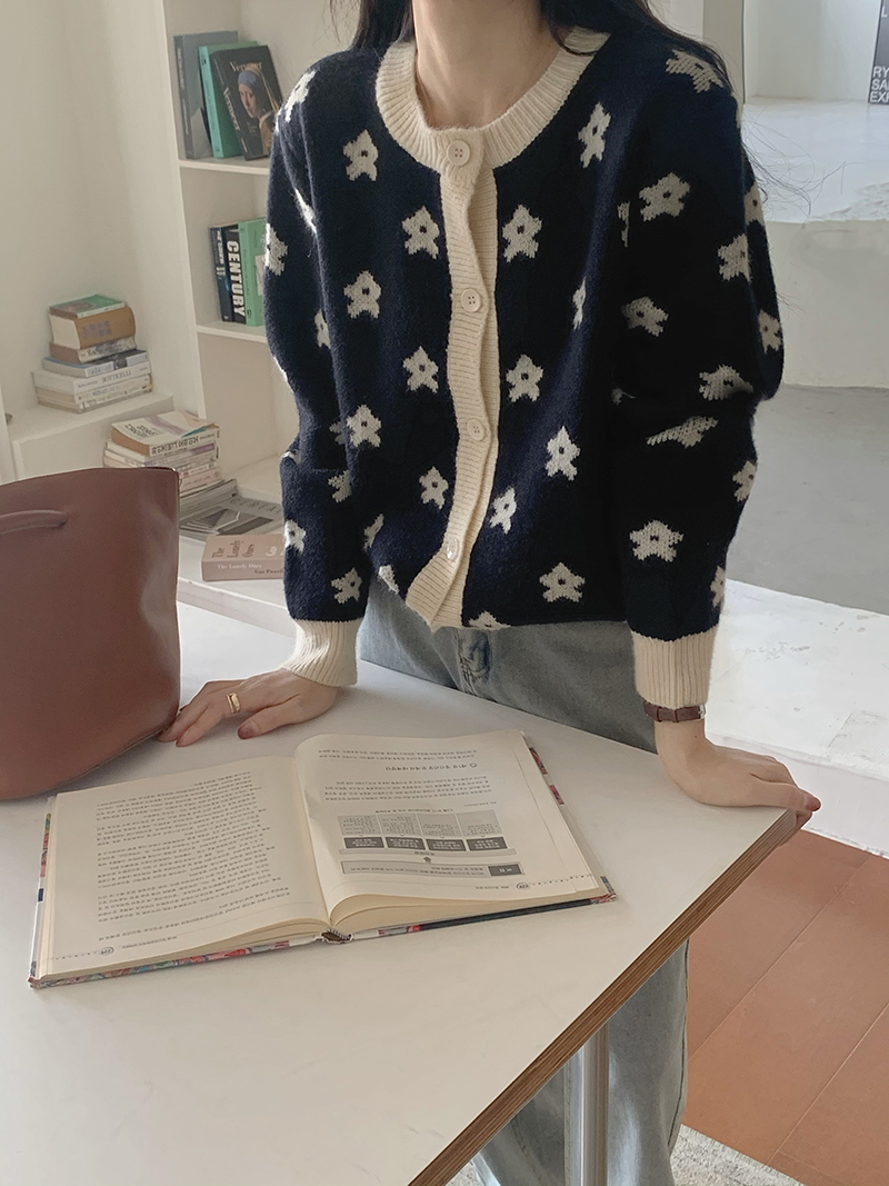 實拍三標齊寬鬆復古提花花朵撞色開衫毛衣女外套