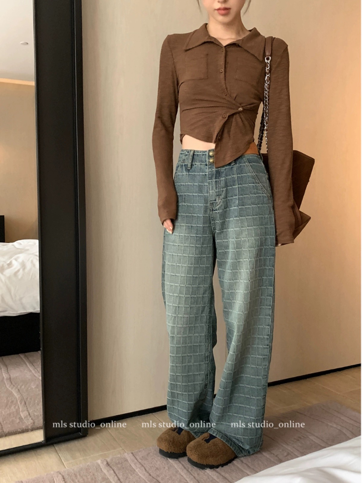 做舊格紋高腰直筒寬鬆牛仔褲女2023秋新款顯瘦闊腿拖地牛仔褲