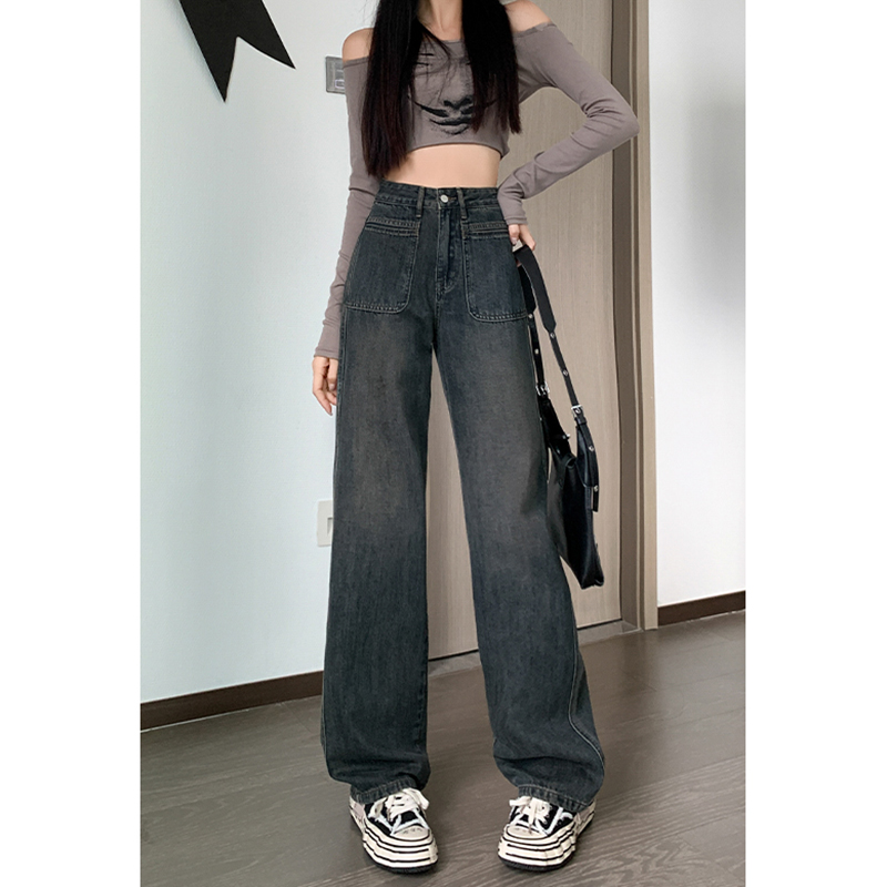 原宿高腰闊腿牛仔褲女2023新款秋冬直筒時尚寬鬆設計感拖地牛仔褲