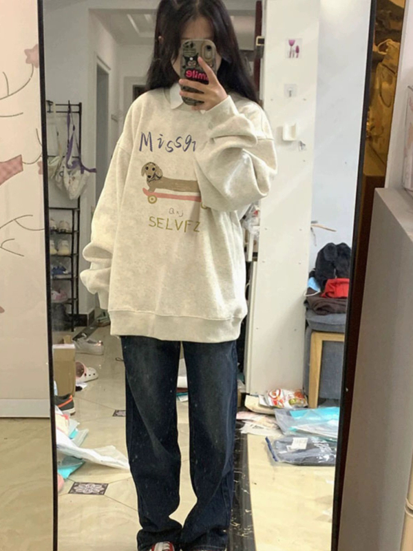 灰白色無帽衛衣女秋冬季2023新款圓領寬鬆慵懶風加絨加厚上衣