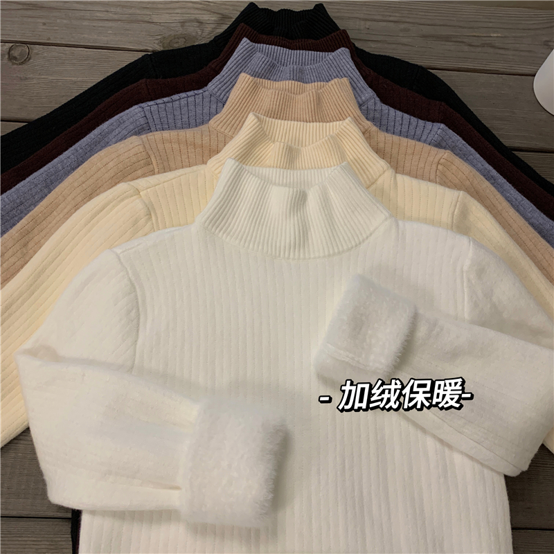 實拍 秋冬新款加絨加厚保暖一體絨半高領打底衫針織毛衣女
