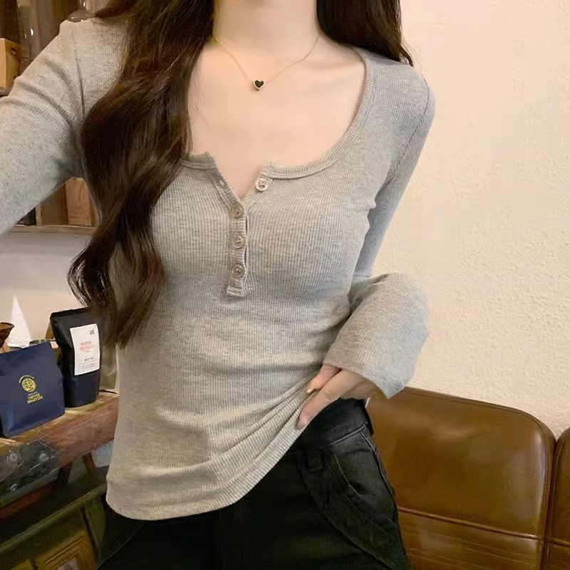 純欲灰色U領鎖骨t恤女正肩長袖秋季修身甜辣小眾半開領百搭打底衫