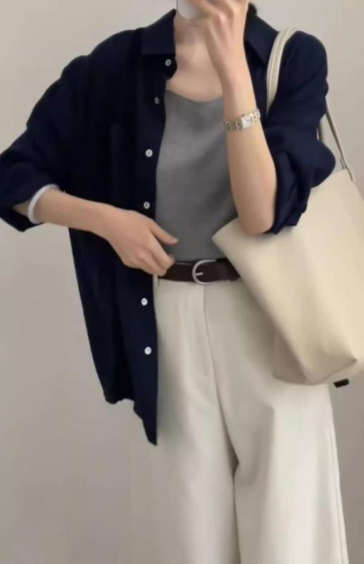 法式別致藏藍色棉麻長袖襯衫女春季薄款小個子亞麻開衫防曬衣外套