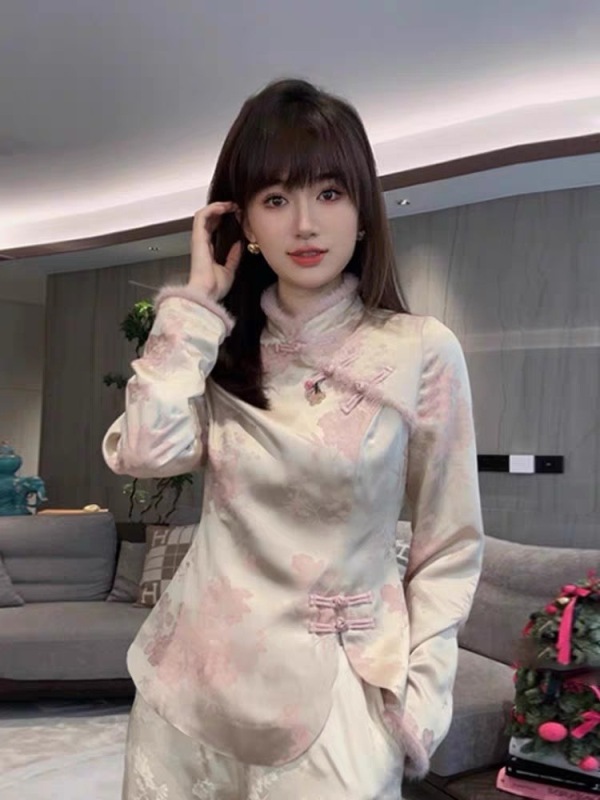 Winter new Chinese style shirt for women 2023 autumn and winter new design sweet temperament top winter shirt