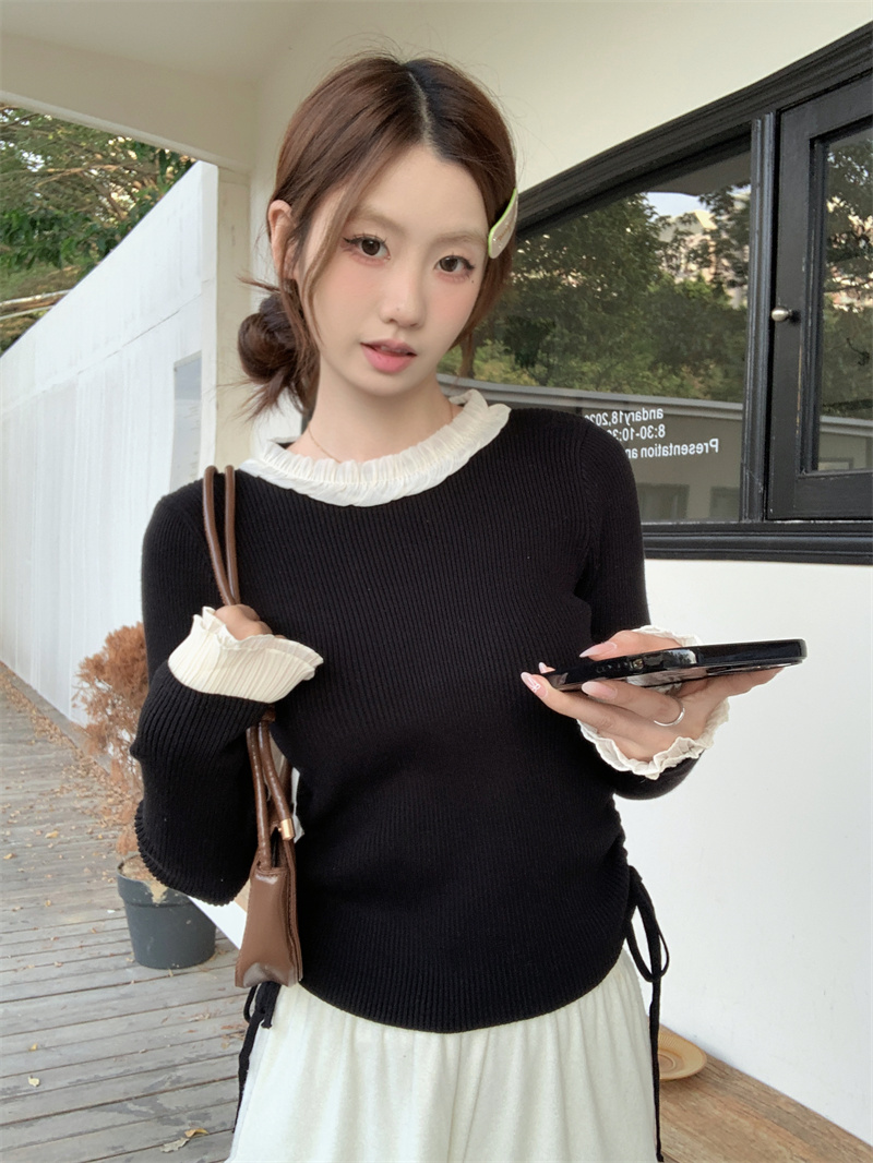 實拍 木耳邊圓領溫柔淑女氣質加厚打底衫冬季百搭內搭針織衫