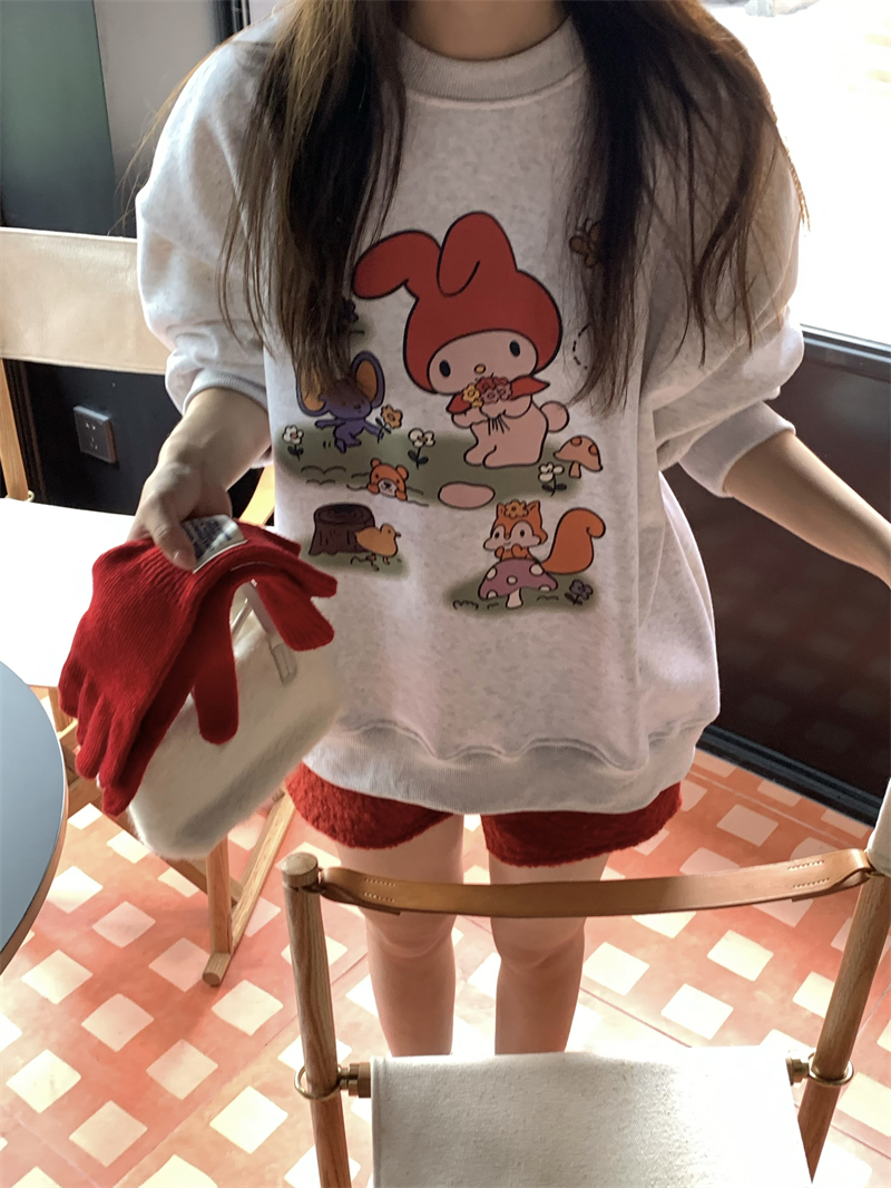 實拍~原創 韓系鬼馬少女可愛印花寬鬆加絨銀狐絨衛衣