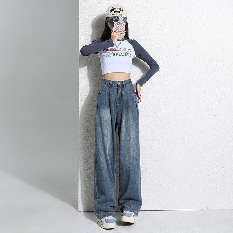 實拍2024早春高腰闊腿牛仔褲女顯瘦垂感窄版直筒拖地褲