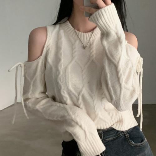 Korean chic design off-shoulder strappy sweater festive atmosphere long-sleeved knitted top for women