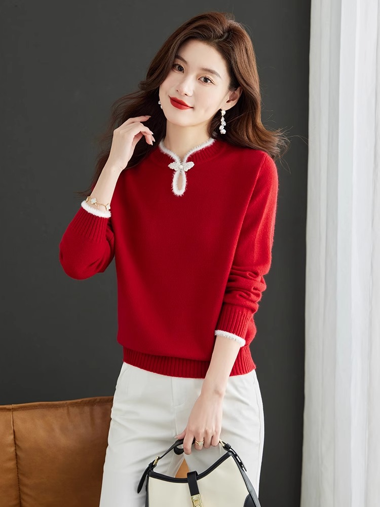 National style new Chinese style buttoned sweater women's knitted sweater autumn and winter inner wear year of the dragon top red bottoming shirt