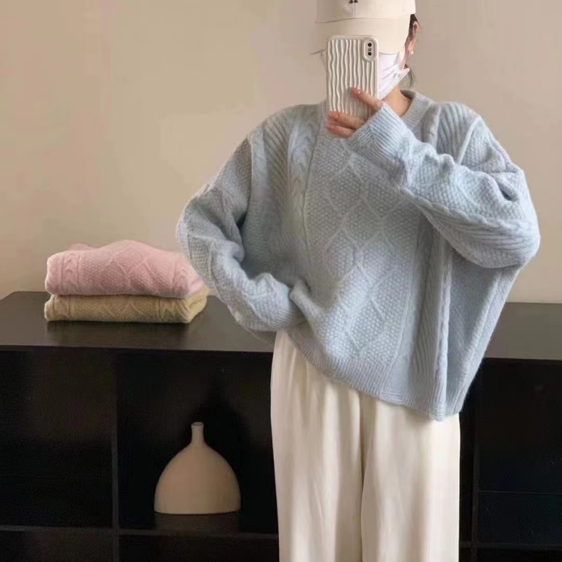 溫柔慵懶風冬季軟糯復古麻花圓領毛衣女加厚寬鬆套頭針織衫上衣潮