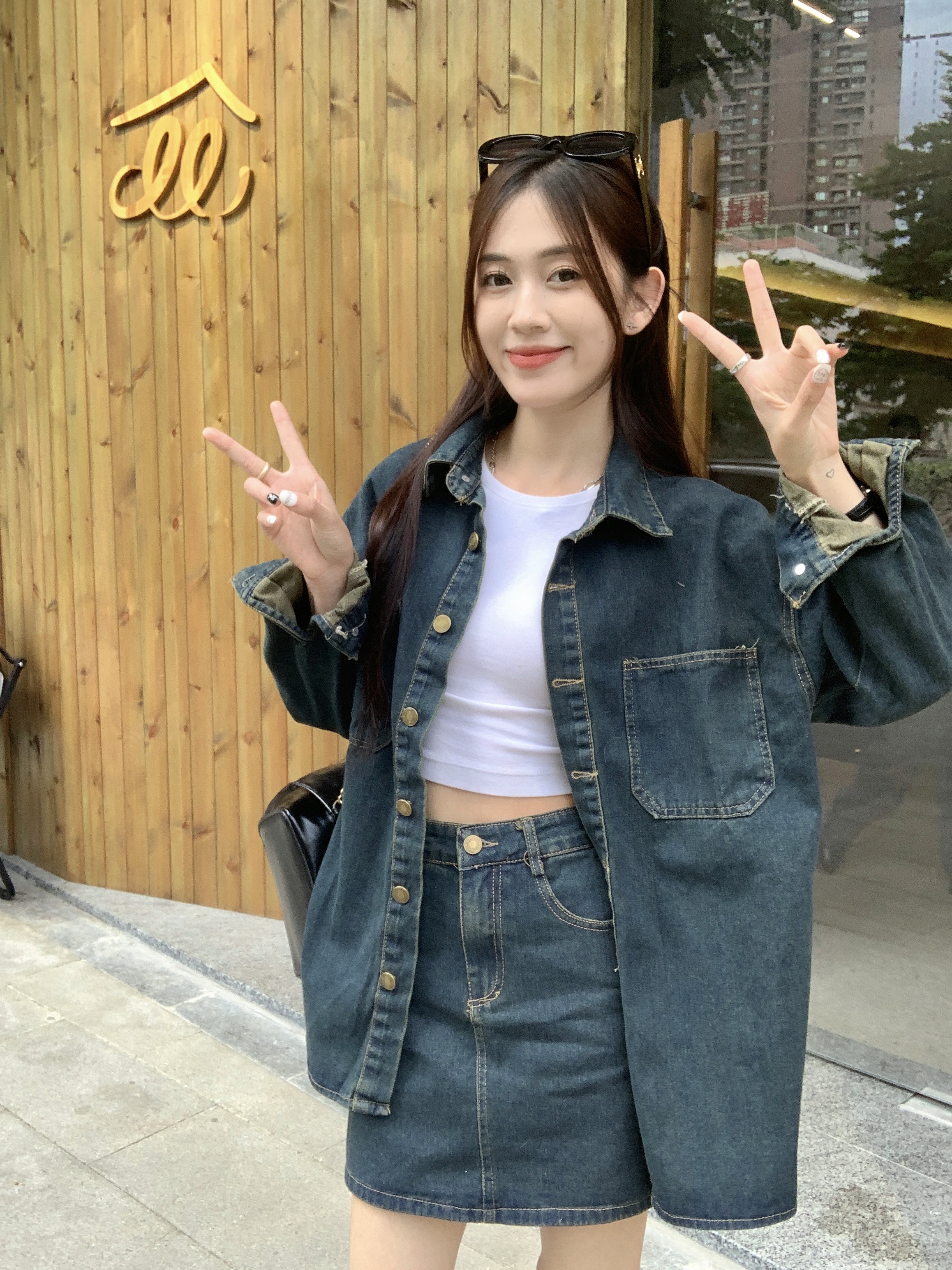 實拍 早秋新韓版復古休閒牛仔襯衫半身裙兩件套裝女