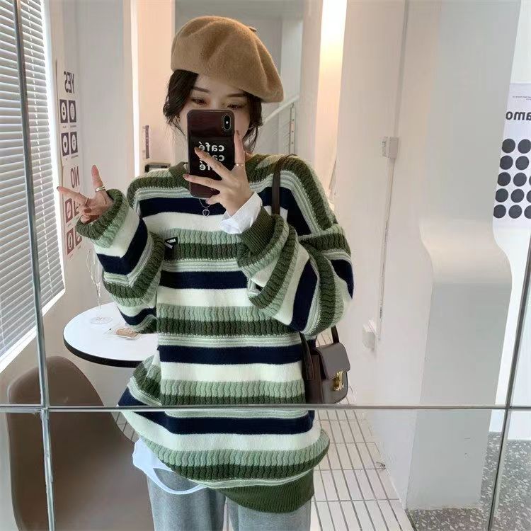 條紋毛衣秋冬2023新款設計感復古加厚寬鬆中長款長袖針織衫女上衣