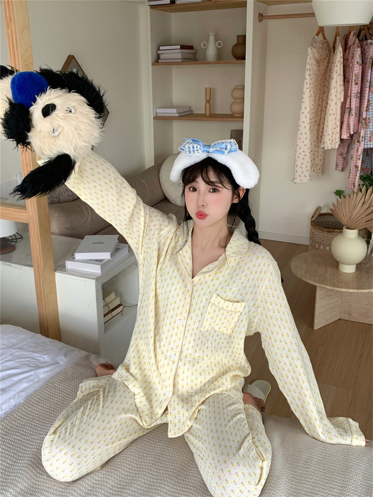 實拍 杏色小花網紅ins秋冬季新款睡衣女長袖長褲家居服套裝