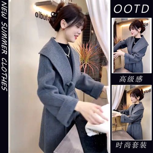 This year's popular double-sided solid color coat small fragrant gray woolen coat women's  new autumn and winter high-end sense
