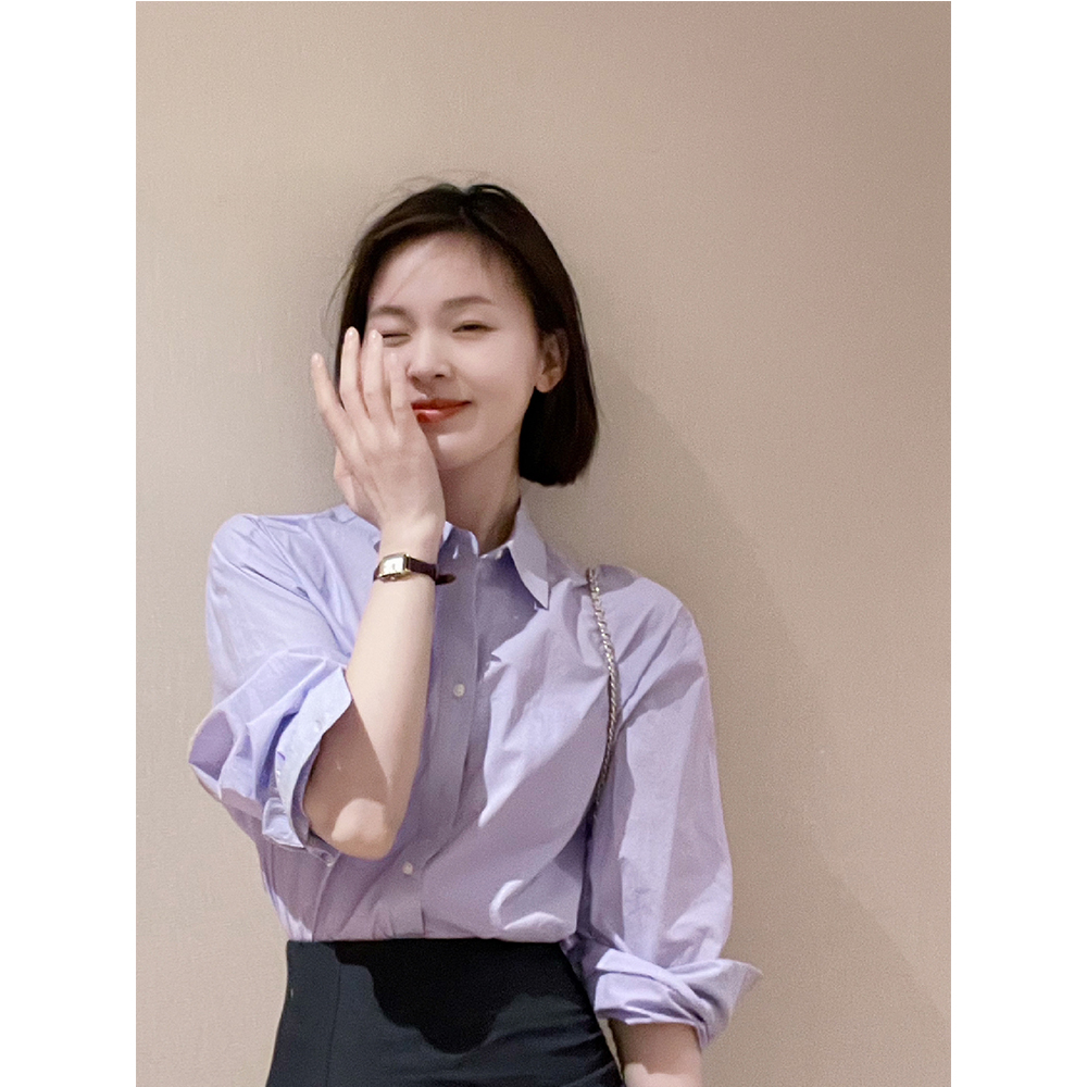 溫柔系紫色襯衫女韓系設計感疊穿寬鬆百搭別致襯衣