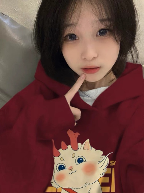酒紅色衛衣女2023新款韓版聖誕穿搭寬鬆連帽冬季加絨加厚山東即墨