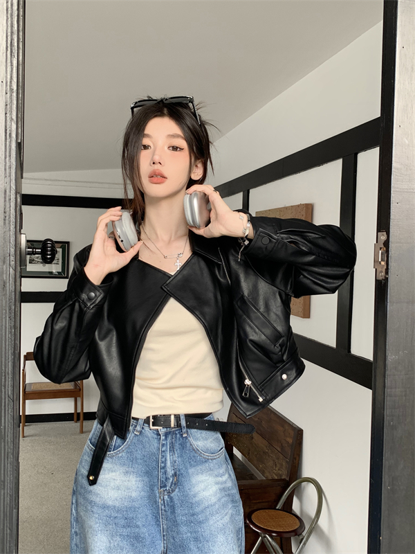 Real shot of autumn and winter new design high-end retro coffee color pu leather suit leather jacket short style