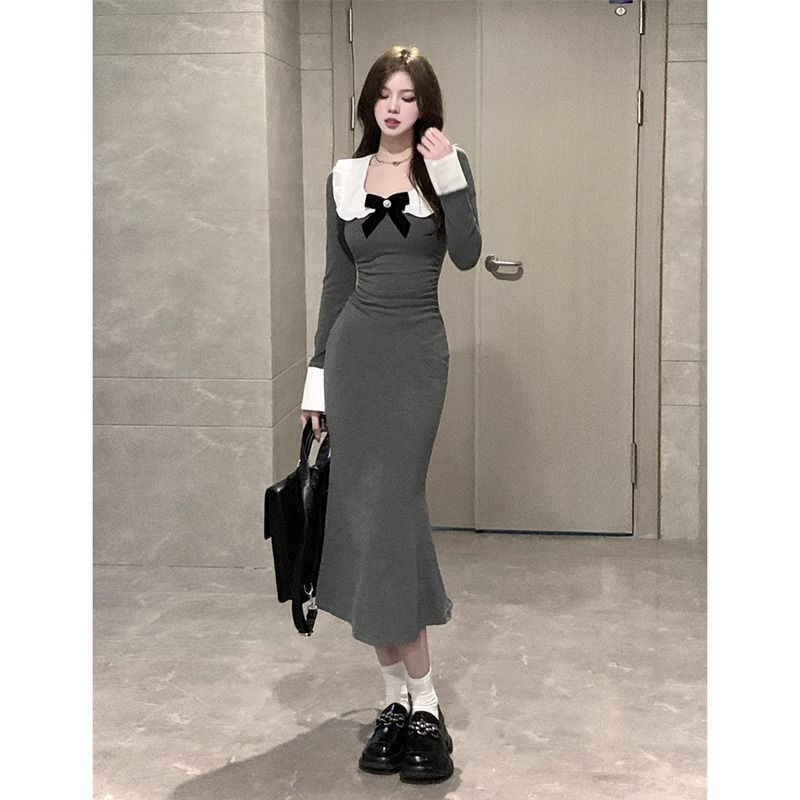 娃娃領長袖連衣裙女秋季2023新款韓系高級感修身顯瘦包臀魚尾長裙