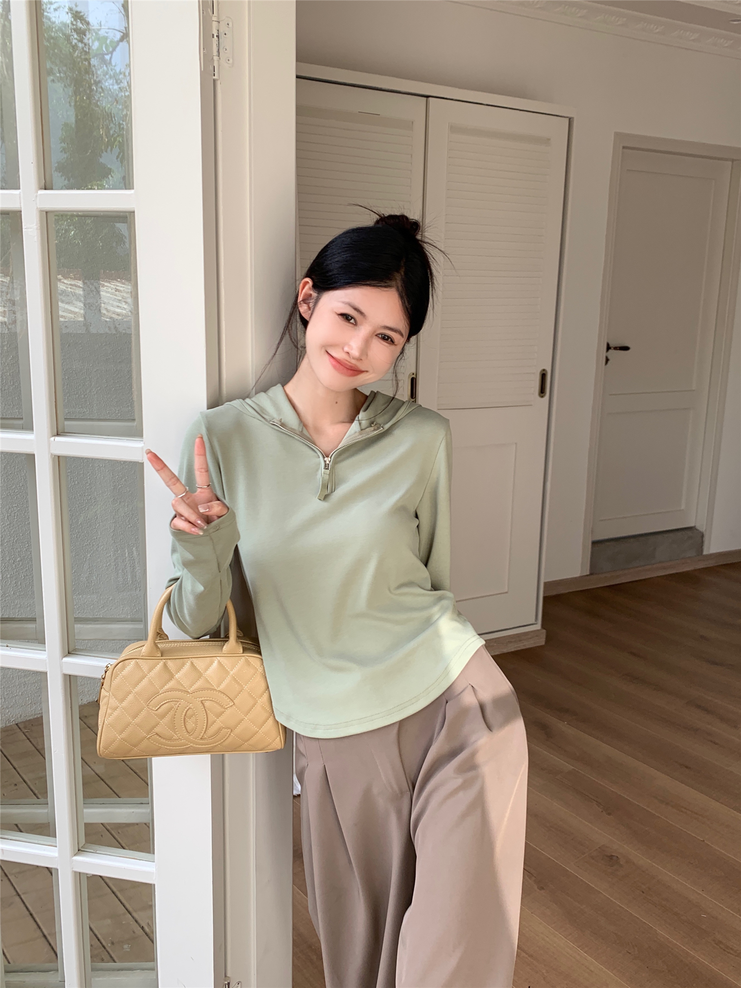 Real shot~Korean style simple half-zip hooded sweatshirt for women autumn new casual versatile solid color long-sleeved T-shirt