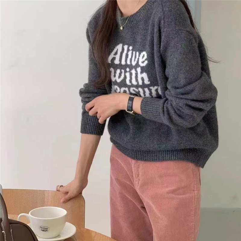 秋冬新款韓國東大門***GRACIA女洋氣圓領字母提花針織衫毛衣