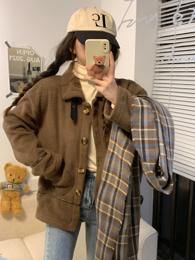 Actual shot of Korean style ins turtleneck lamb wool thickened one-piece velvet loose and versatile jacket
