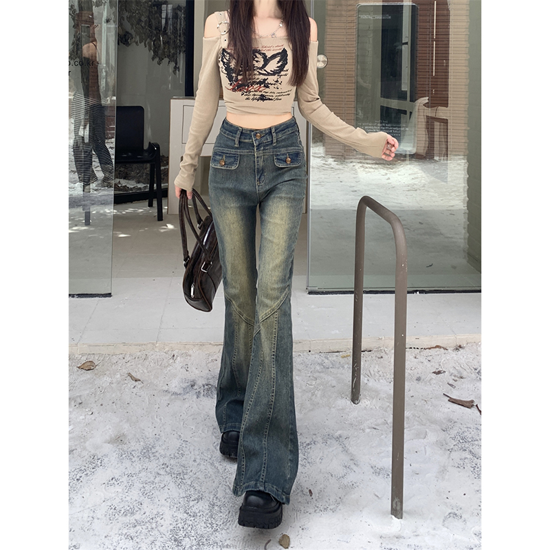 辣妹美式復古微喇牛仔褲女秋冬新款修身顯瘦小眾微喇高腰牛仔褲子