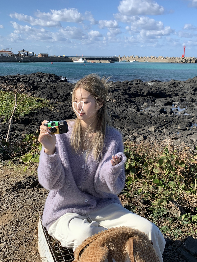 實拍~冬季慵懶百搭保暖仿貂毛開衫毛衣外套