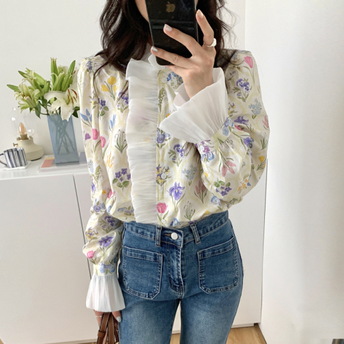 韩国chic夏季法式浪漫高领拼接荷叶边花色印花设计喇叭袖衬衫上衣