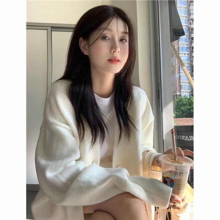 溫柔慵懶風V領毛衣外套女春秋新款百搭長袖寬鬆白色針織開衫上衣