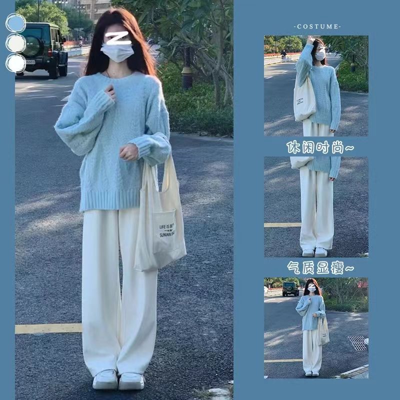 鹽系軟糯奶藍毛衣女兩件套新款秋冬小個子寬鬆慵懶風針織衫女