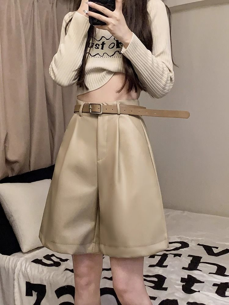 美拉德PU皮闊腿短褲女秋冬2023新款復古高腰顯瘦百搭咖啡色休閒褲