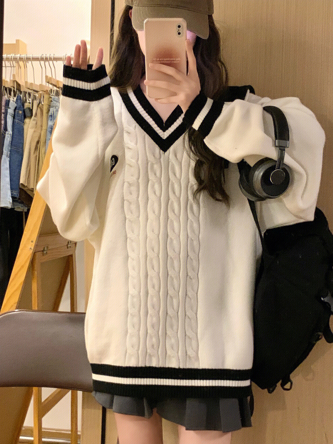 學院風撞色V領針織衫女秋冬寬鬆慵懶風麻花毛衣小眾獨特别致上衣