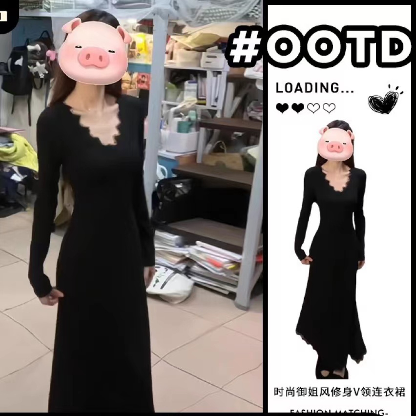 蕾絲邊v領連衣裙女秋冬純欲包臀小媽長裙中長款魚尾打底內搭裙子