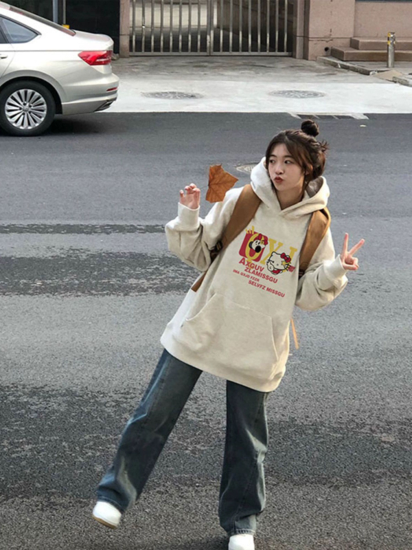 冬季美式高街重磅外套加絨加厚連帽衛衣女2023新款灰白色上衣女