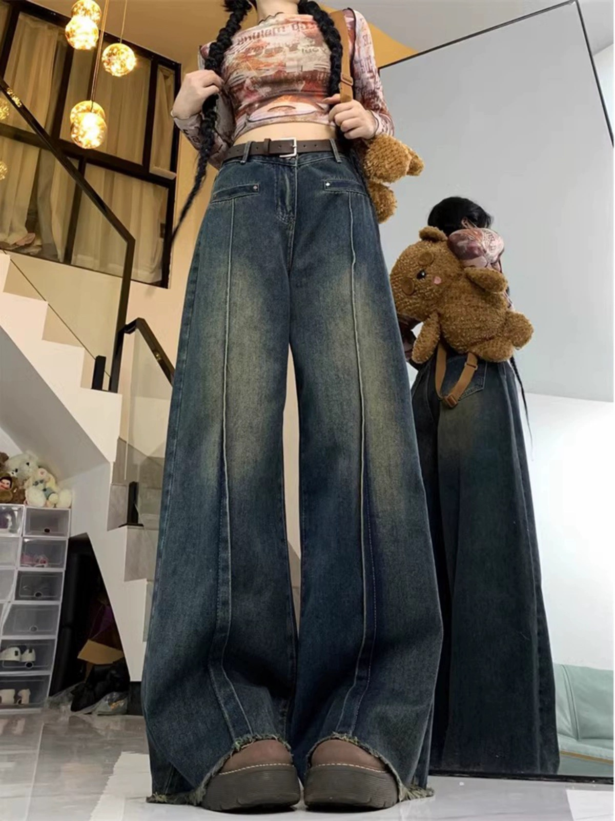 美式復古牛仔褲女秋冬2023新款高腰顯瘦毛邊設計感寬鬆闊腿拖地褲