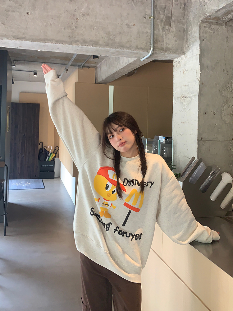 FORUYES4UYES復古美式秋冬卡通小鳥發泡印花情侶男女套頭衛上衣