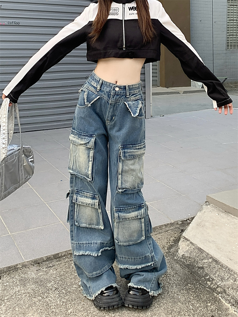實拍！！！新款洗水漸變復古口袋工裝褲高檔休閒百搭牛仔褲女
