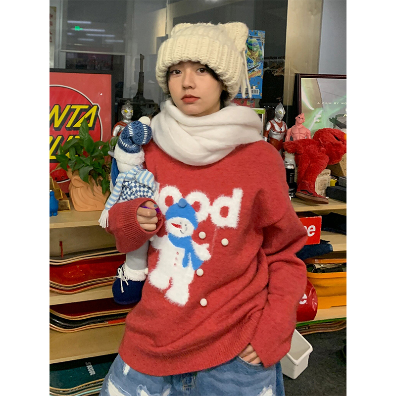 聖誕紅色毛衣女秋冬2023新款雪人刺繡慵懶風針織衫寬鬆氛圍感上衣