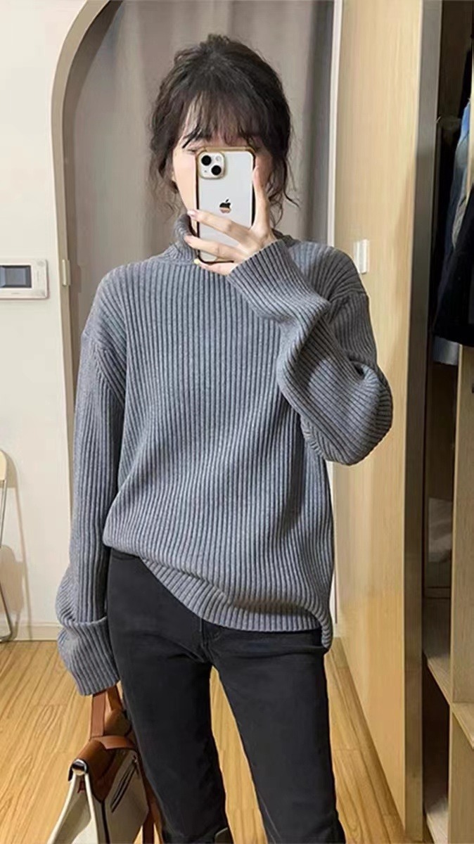 灰色坑條高領毛衣女秋冬季慵懶風寬鬆大衣內搭套頭長袖打底針織衫