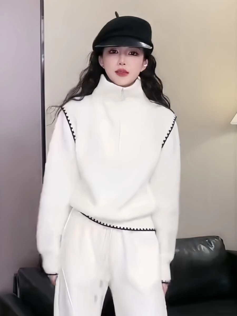 時尚簡約半拉鏈高領毛衣女冬季新款小眾百搭寬鬆加厚針織衫上衣