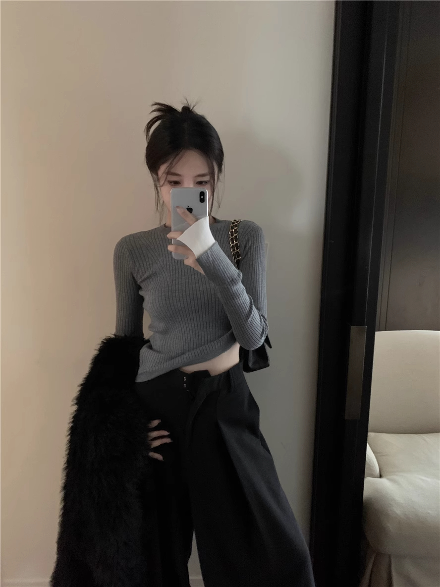 袖口拼接針織衫女秋冬撞色修身短款小眾設計感內搭打底衫長袖上衣