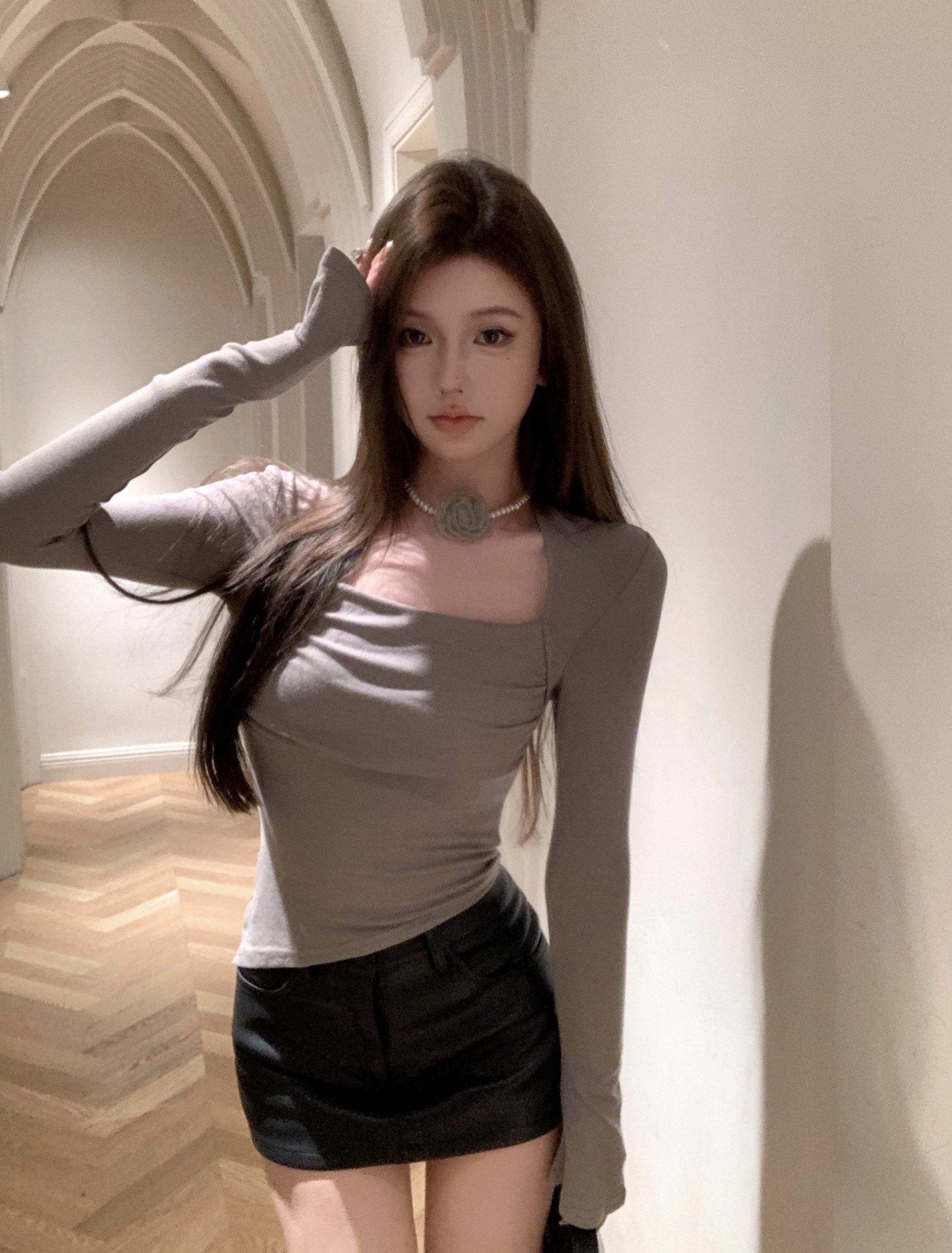實拍 秋冬斜邊抽褶帶項鍊設計方領基礎打底美式復古上衣女