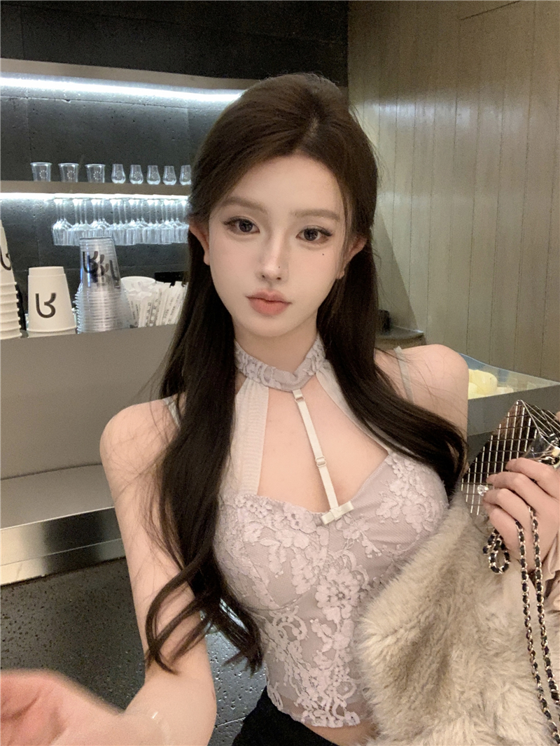 實拍  性感女人小眾掛脖蕾絲上衣純欲風網紗內搭吊帶