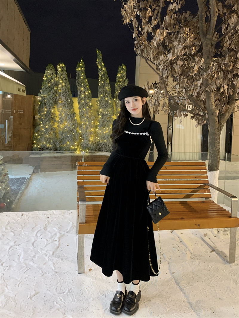 實拍~2023秋冬韓版絲絨百搭顯瘦減齡花邊拼接吊帶長裙